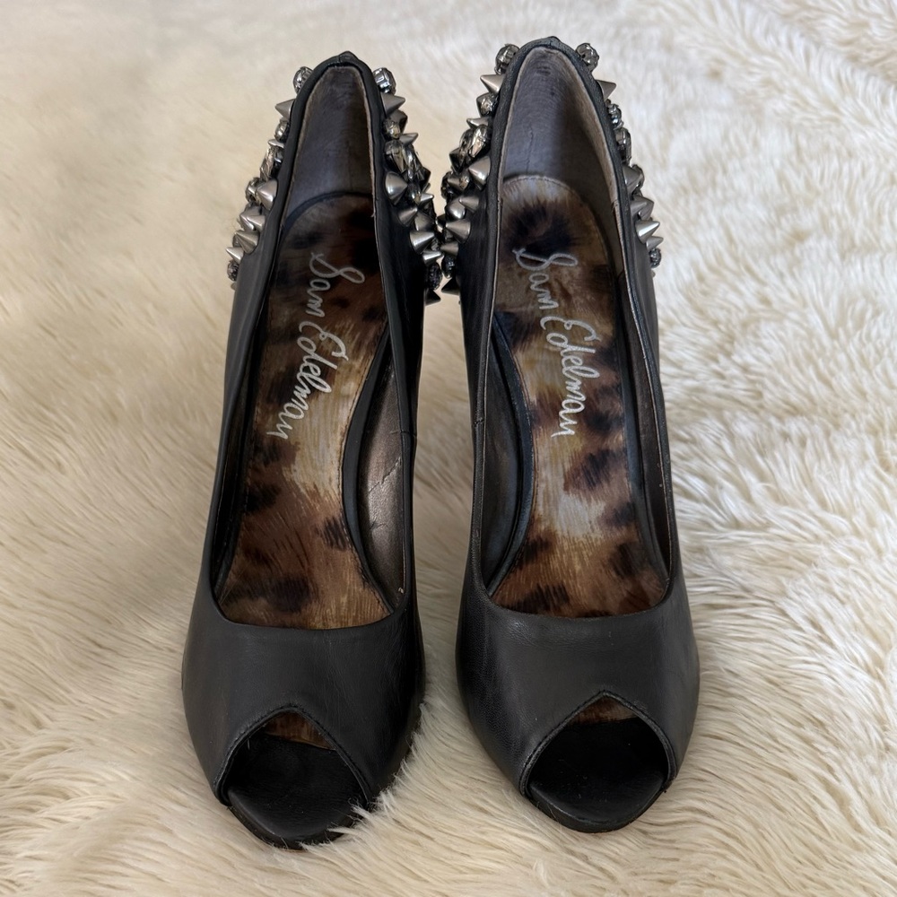 Sam Edelman Lorissa Black Leather Peep-Toe Heels with Silver Studs
